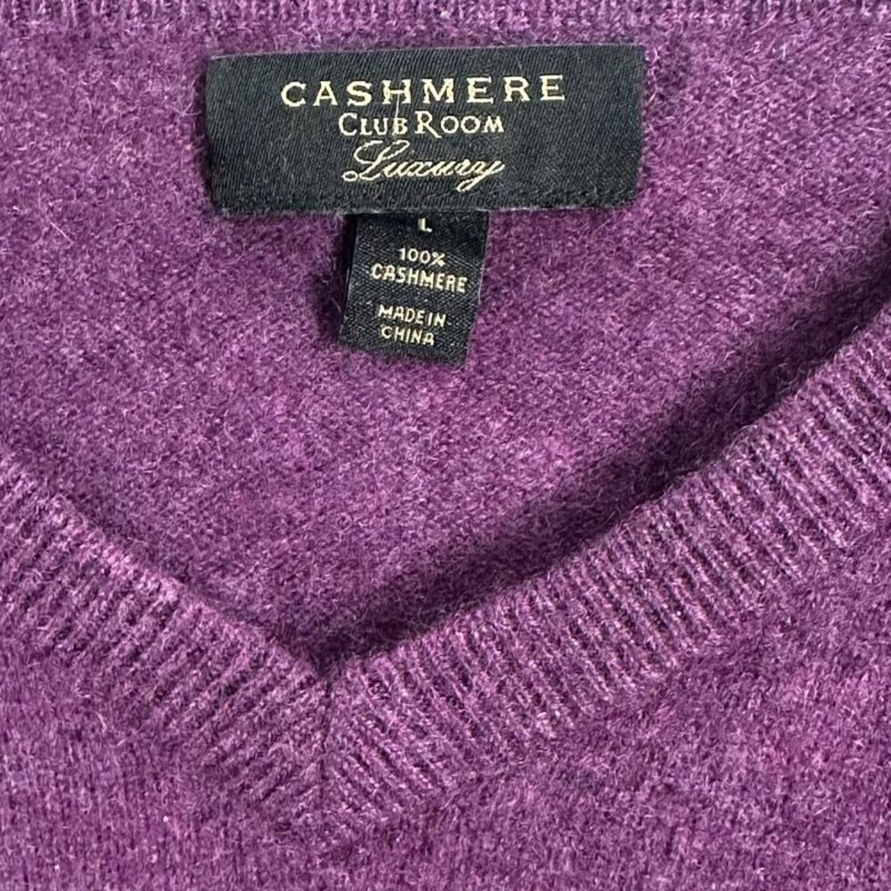 Club Room Luxury Mens Large 100% Cashmere V Neck Sweater Purple Knit Pullover - Picture 4 of 10